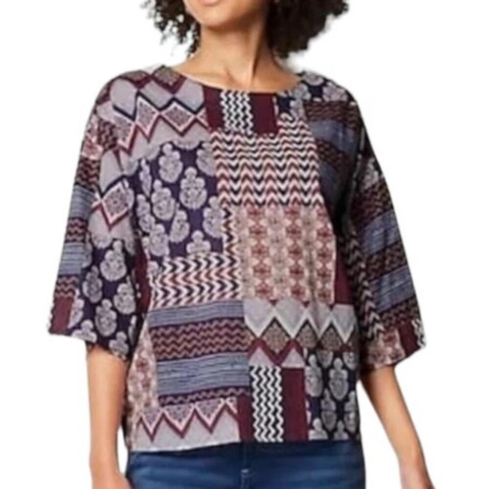 J. Jill Top Womens Large Patchwork Boxy Boho Floral Blue Pink Short Sleeve Crew